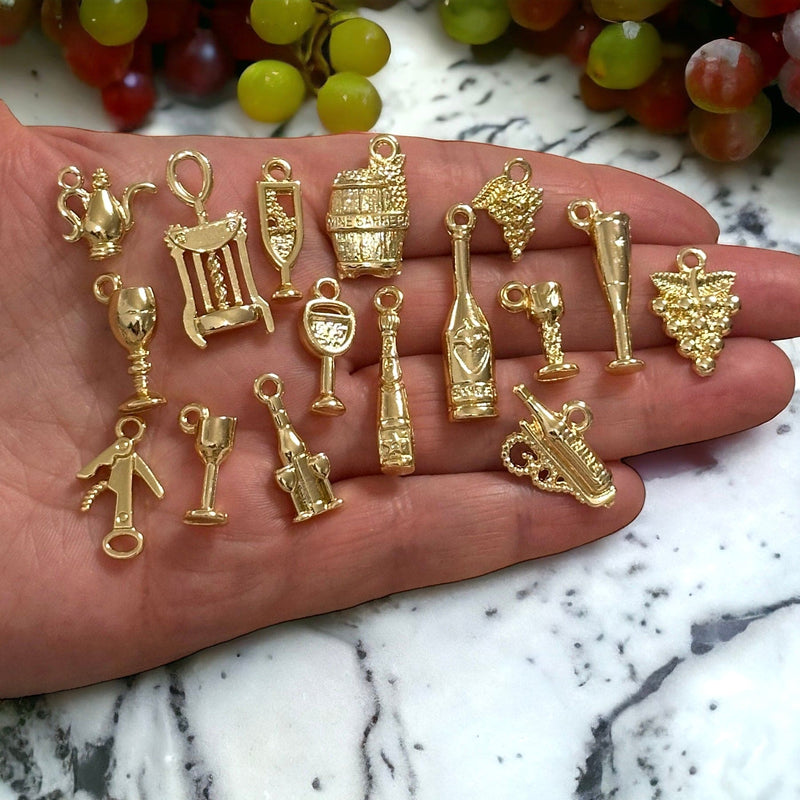 24Kt Gold Plated Wine Lover Charms Collection, 16 Charms in a pack