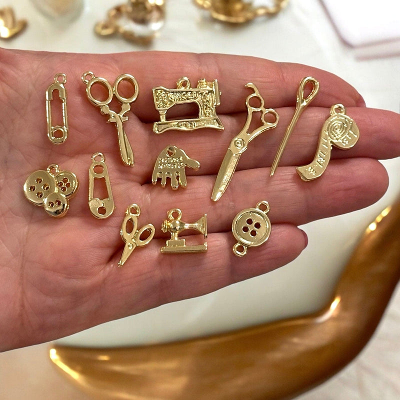 24Kt Gold Plated Sewing Charms Collection, 12 Charms in a pack