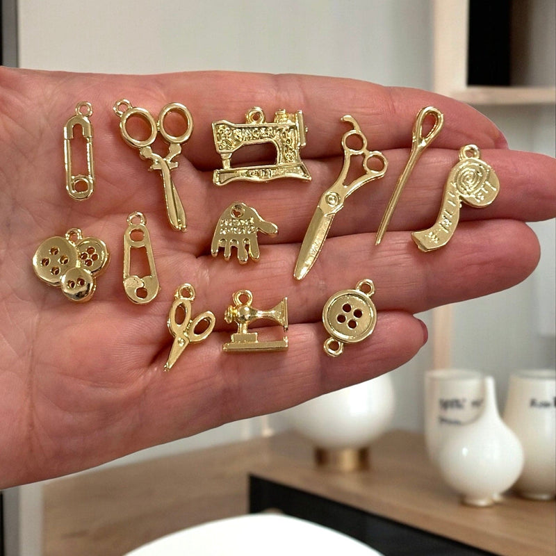 24Kt Gold Plated Sewing Charms Collection, 12 Charms in a pack