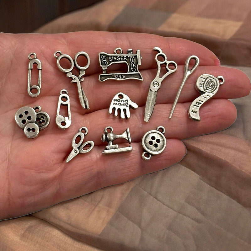 Antique Silver Plated Sewing Charms Collection, 12 Charms in a pack