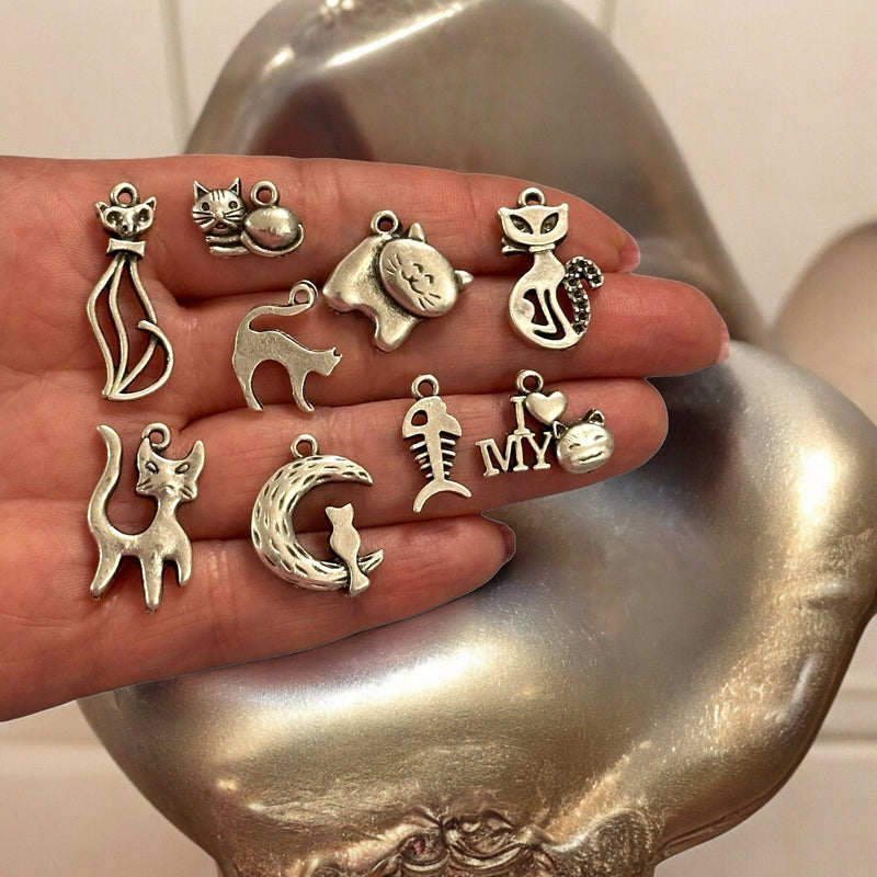 Antique Silver Plated Cat Charms Collection, 9 Charms in a pack