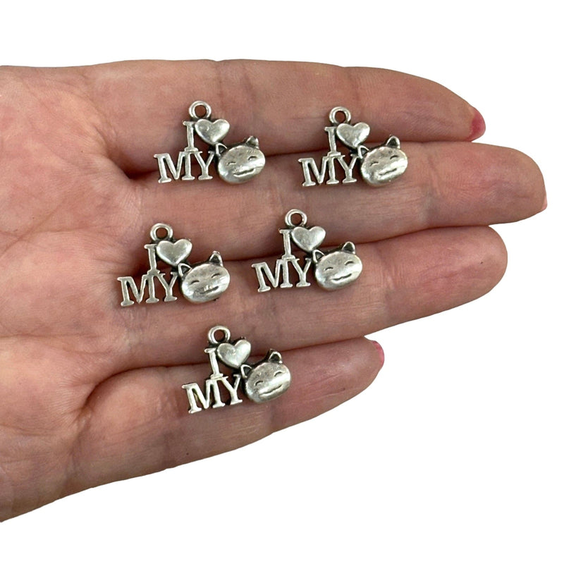 Antique Silver Plated Cat Charms, Silver Cat Collection Charms, 5 pcs in a pack