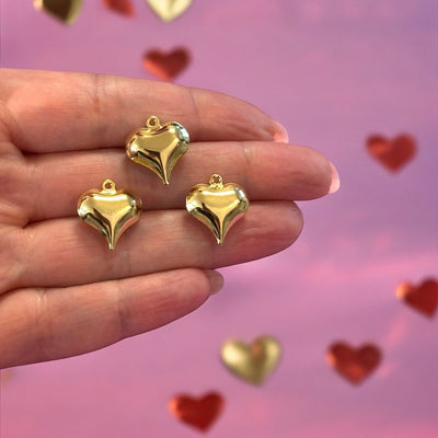 24Kt Gold Plated Hollow Puffed Heart Charms, 3 pcs in a pack