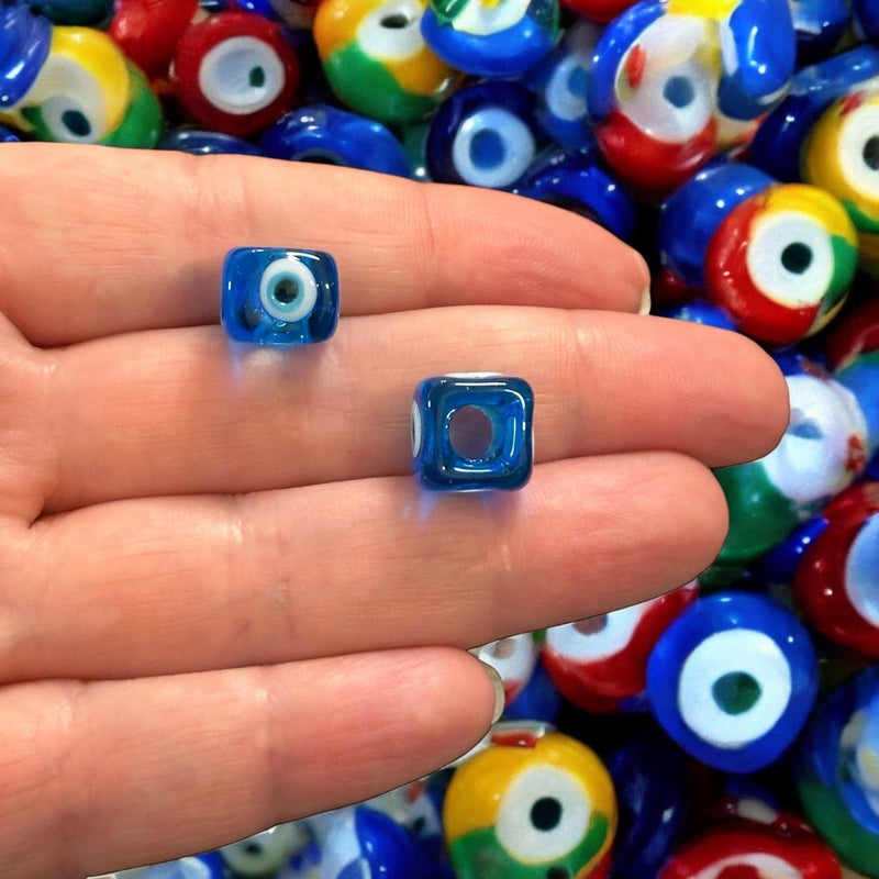 Hand Made Murano Glass Square Beads Featuring 4-Side Evil Eye, 2 pcs in a pack