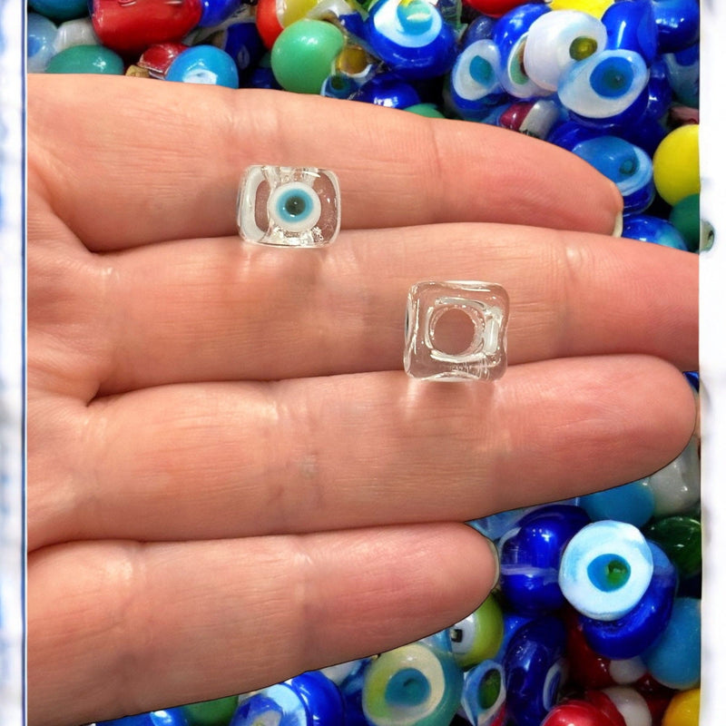 Hand Made Murano Glass Square Beads Featuring 4-Side Evil Eye, 2 pcs in a pack