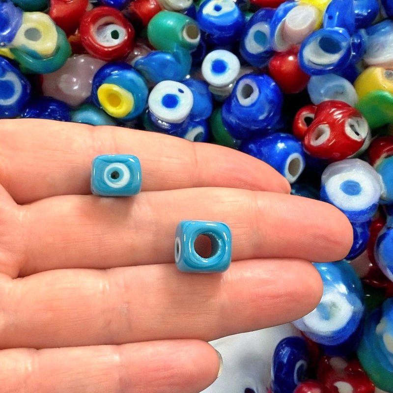 Hand Made Murano Glass Square Beads Featuring 4-Side Evil Eye, 2 pcs in a pack