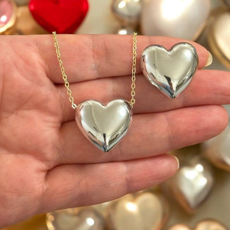 Silver Plated 22mm Puffy Heart Charms, Silver Heart Charms with 2mm Horizontal Hole, 2 pcs in a pack