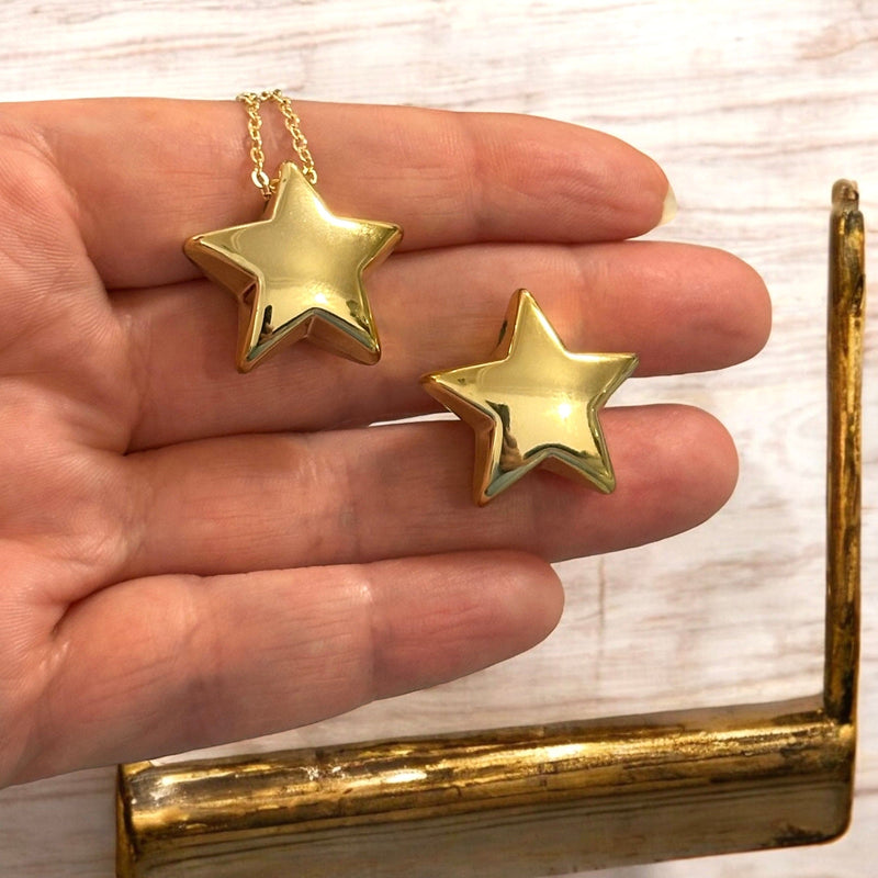 24Kt Gold Plated 22mm Puffy Star Charms, Gold Star Charms with 2mm Horizontal Hole, 2 pcs in a pack