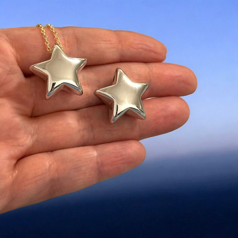 Silver Plated 22mm Puffy Star Charms, Silver Star Charms with 2mm Horizontal Hole, 2 pcs in a pack