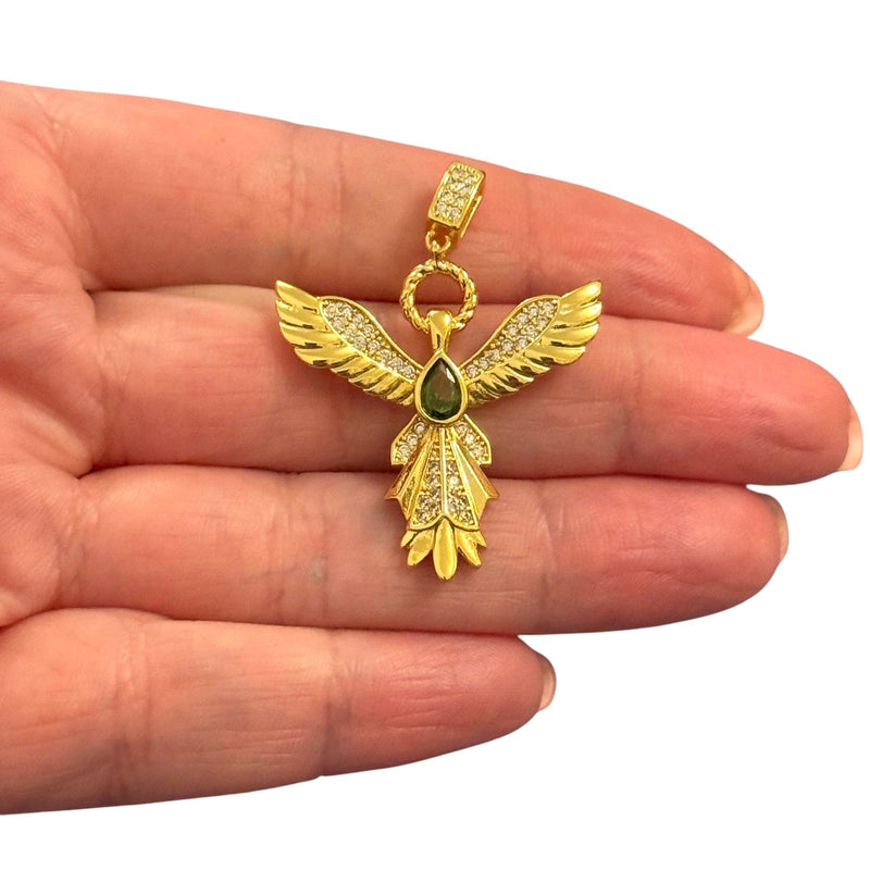 Rising Phoenix Waterproof 24Kt Gold Plated Stainless Steel CZ Pendant With Attached Bail