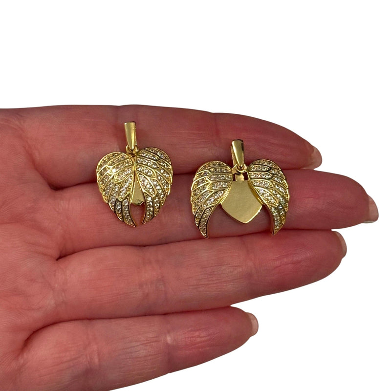 Swinging Angel Wings Heart Waterproof 24Kt Gold Plated Stainless Steel CZ Pendant With Attached Bail