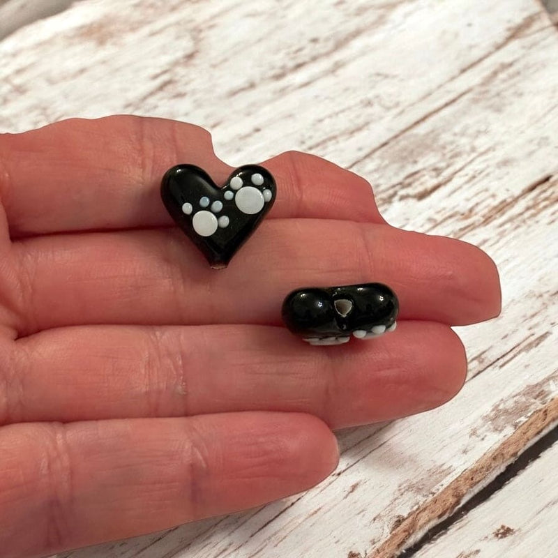 Murano Glass Paw Print Heart Charm – Handmade Black & White Heart Lampwork Charm