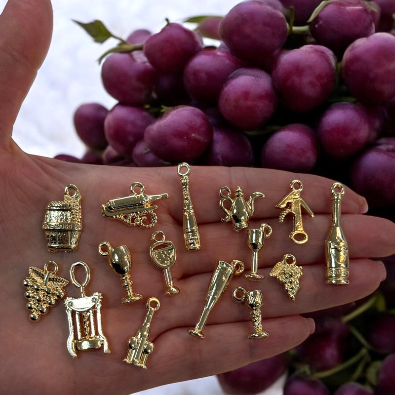 24Kt Gold Plated Wine Lover Charms Collection, 15 Charms in a pack