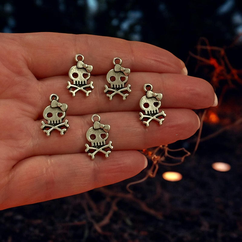 Antique Silver Plated Skull and Crossbones Charms, Halloween Collection, 5 pcs in a pack