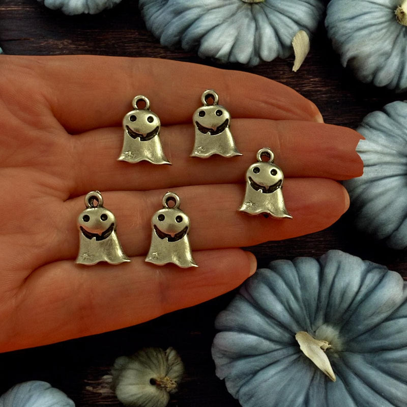 Antique Silver Plated Ghost Charms, Halloween Collection, 5 pcs in a pack