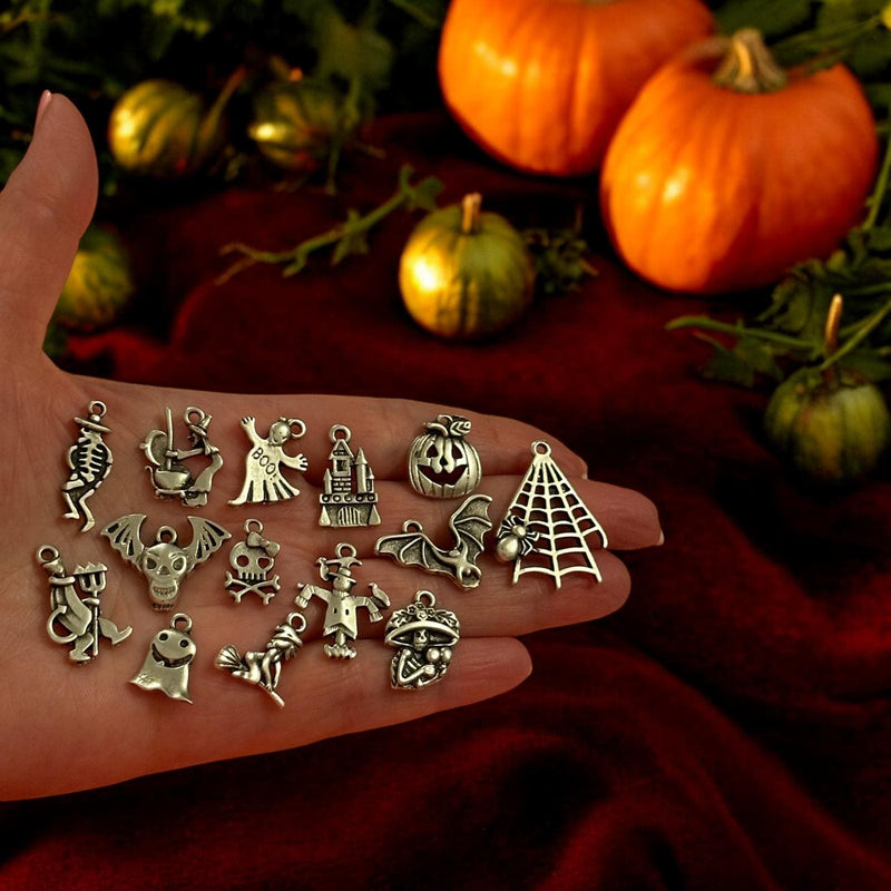 Antique Silver Plated Halloween Charms Collection, 14 Charms in a pack