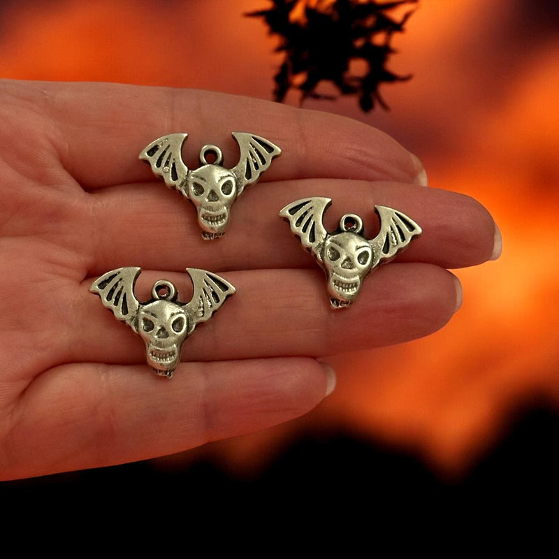 Antique Silver Plated Haunted Skull Wing Charms, Halloween Collection, 3 pcs in a pack