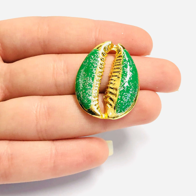 24Kt Gold Plated Brass Glitter Green Enamelled Cowrie Charm, 30x24mm£1.5