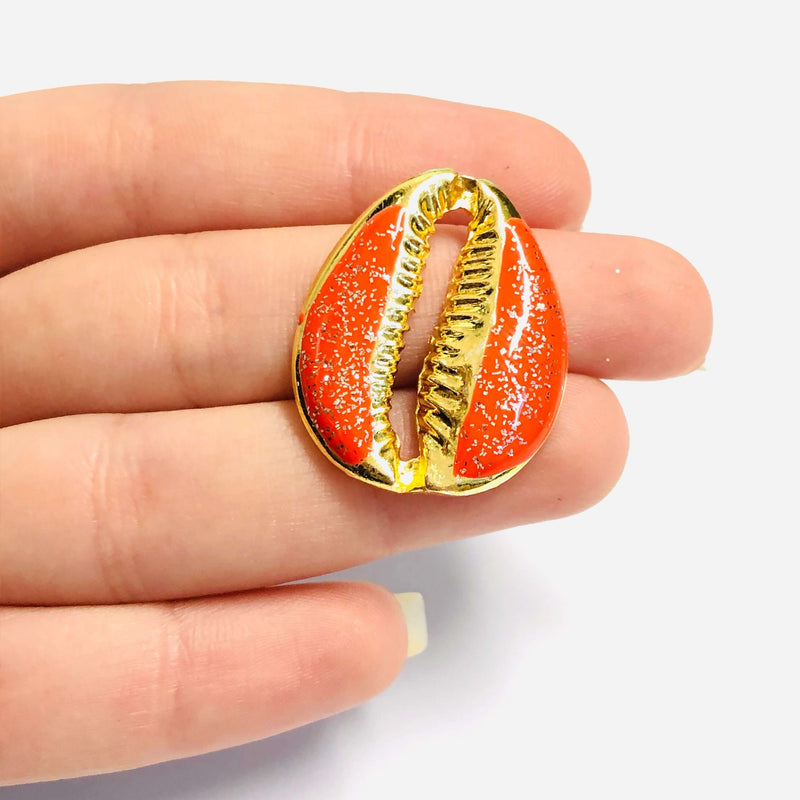 24Kt Gold Plated Brass Glitter Orange Enamelled Cowrie Charm, 30x24mm£1.5