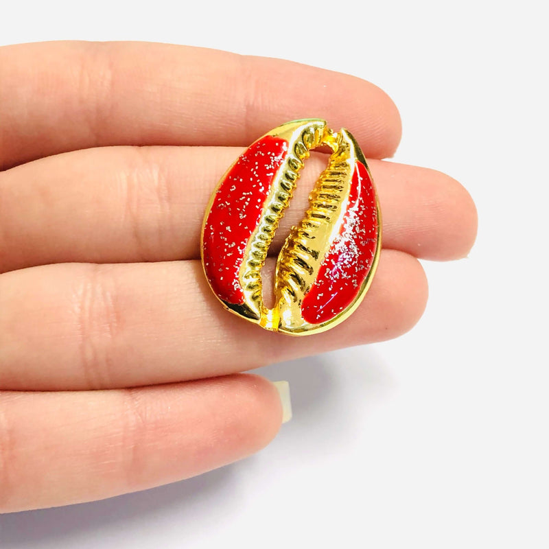 24Kt Gold Plated Brass Glitter Red Enamelled Cowrie Charm, 30x24mm£1.5