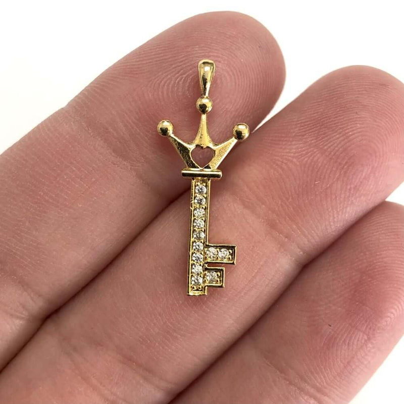 24Kt Gold Plated CZ Micro Pave Crown Key Charm