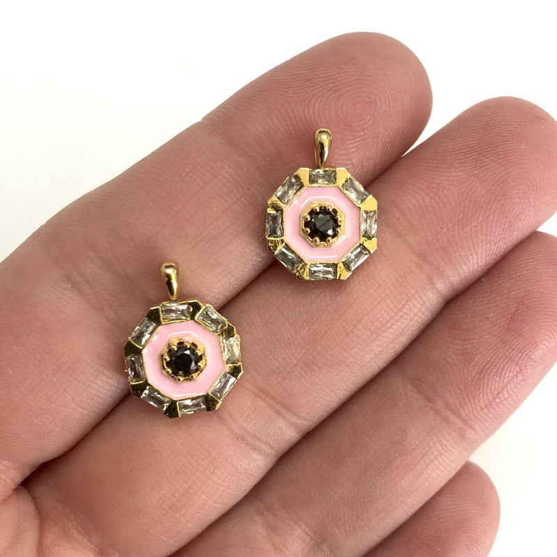 24Kt Gold Plated CZ Micro Pave Pink Enamelled Charm