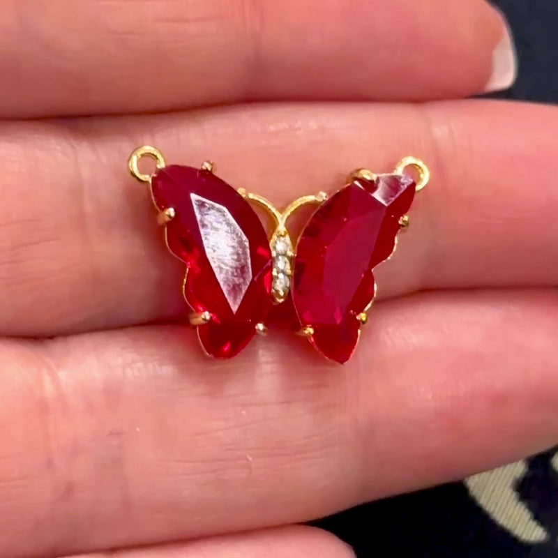 Red CZ Butterfly Link Charm in 24K Gold Plating