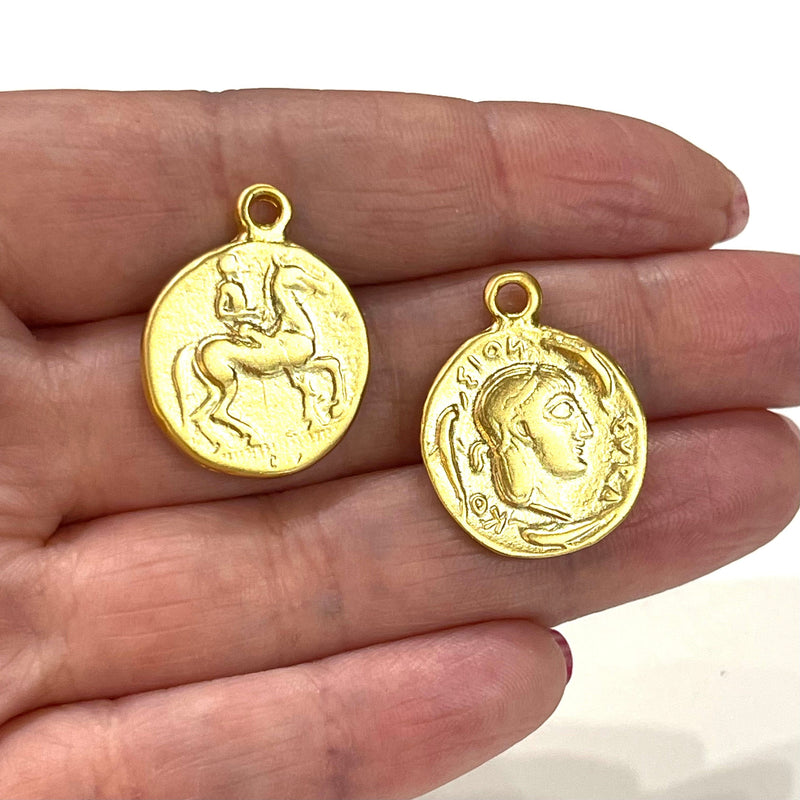 24Kt Matte Gold Plated Ancient Greek Coin Charms, 2 pcs in a pack