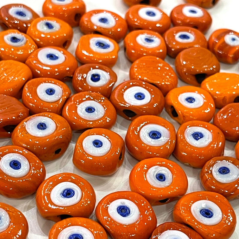 Traditional Turkish Artisan Handmade Glass Orange Evil Eye Beads, Large Hole Evil Eye Glass Beads, 25 Beads per pack