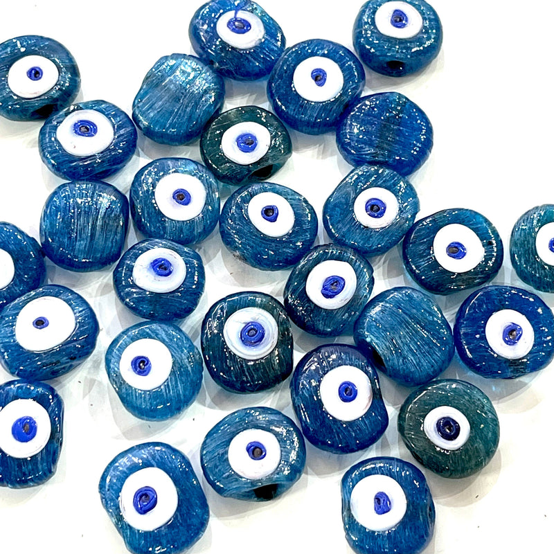 Traditional Turkish Artisan Handmade Glass Teal Blue Evil Eye Beads, Large Hole Evil Eye Glass Beads, 10 Beads per pack