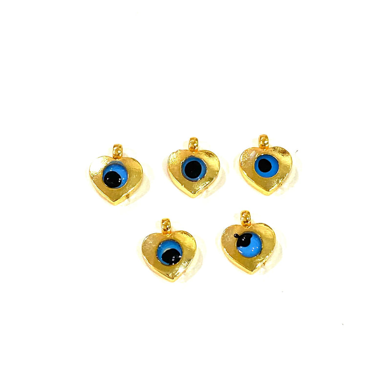 24Kt Shiny Gold Plated Heart Evil Eye Charms, 5 Pcs in a Pack