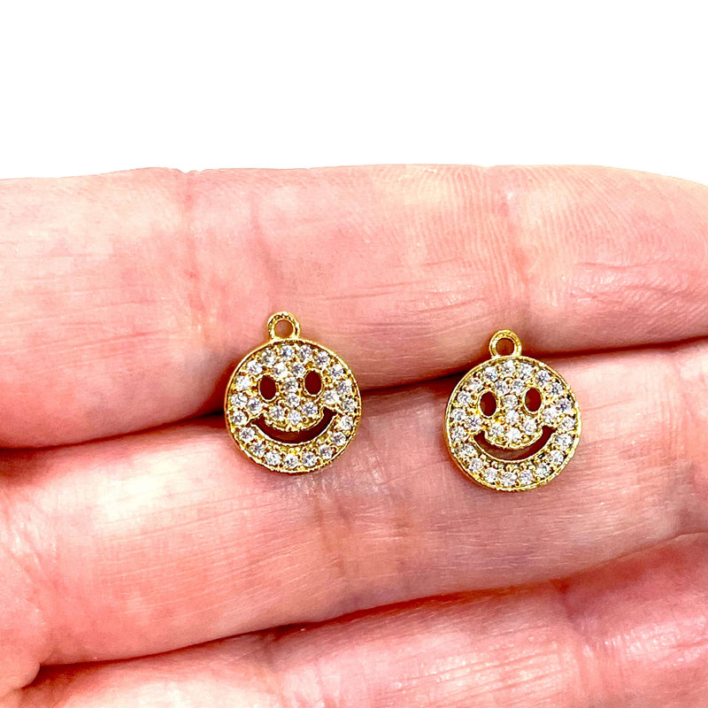 24Kt Gold Plated Zirconia Micro Pave Smiley Face Charms, 2 pcs in a pack