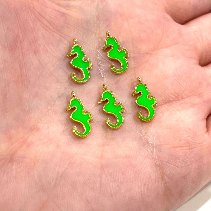 24Kt Gold Plated Neon Green Enamelled Sea Horse Charms, 5 pcs in a Pack