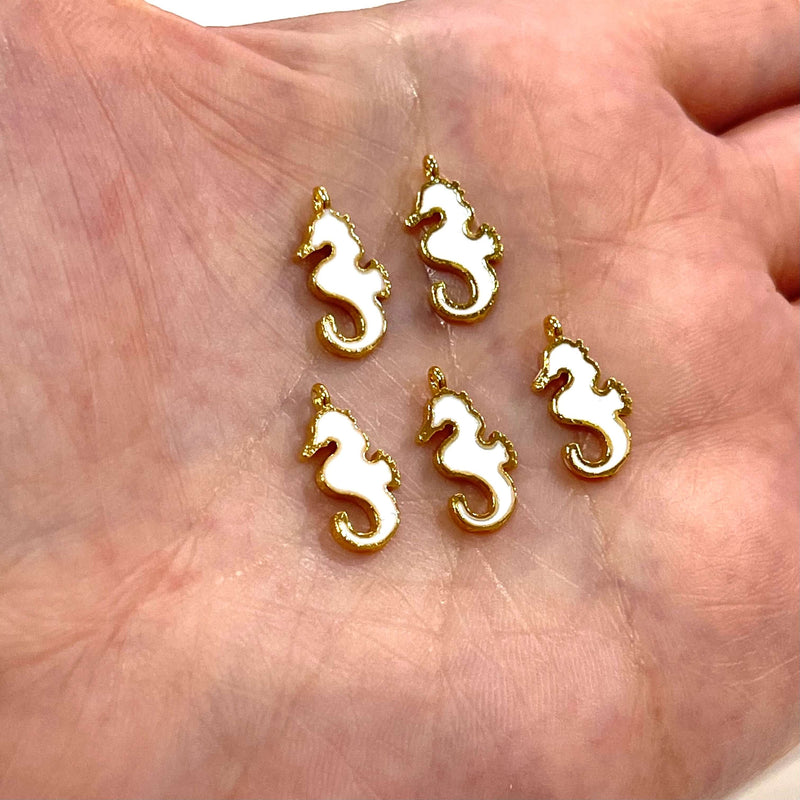 24Kt Gold Plated White Enamelled Sea Horse Charms, 5 pcs in a Pack