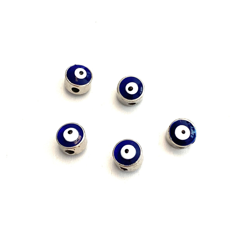 7mm Silver Plated Evil Eye Beads, 7mm Silver Plated Evil Eye Spacers, 5 Pcs in a Pack