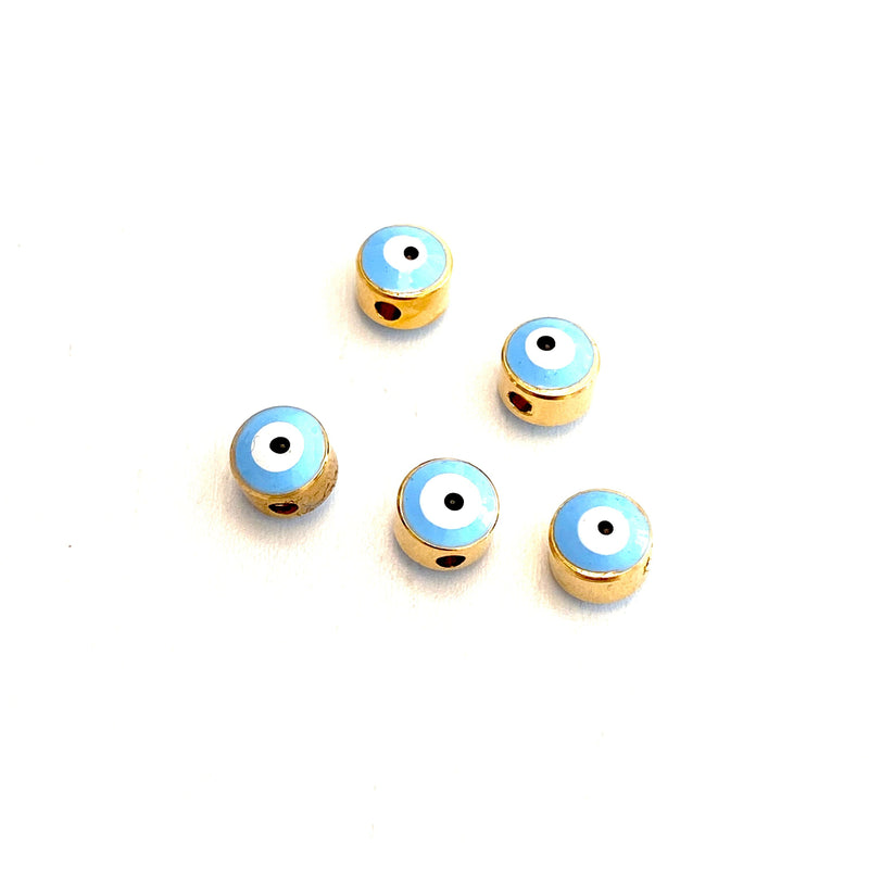 7mm 24K Gold Plated Baby Blue Evil Eye Beads, 7mm 24K Gold Plated Evil Eye Spacers, 5 Pcs in a Pack