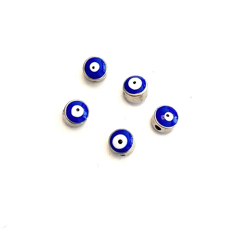 7mm Silver Plated Evil Eye Beads, 7mm Silver Plated Evil Eye Spacers, 5 Pcs in a Pack