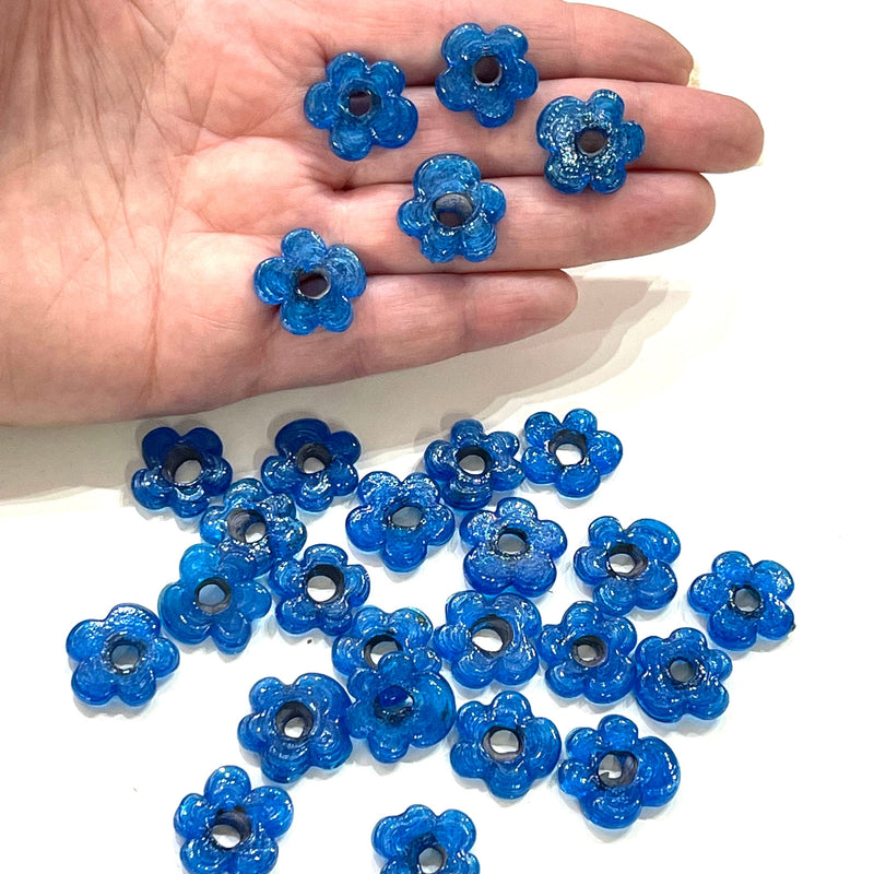 Hand Made Murano Glass Large Hole Agate Blue Flower Beads, 25 Beads in a pack