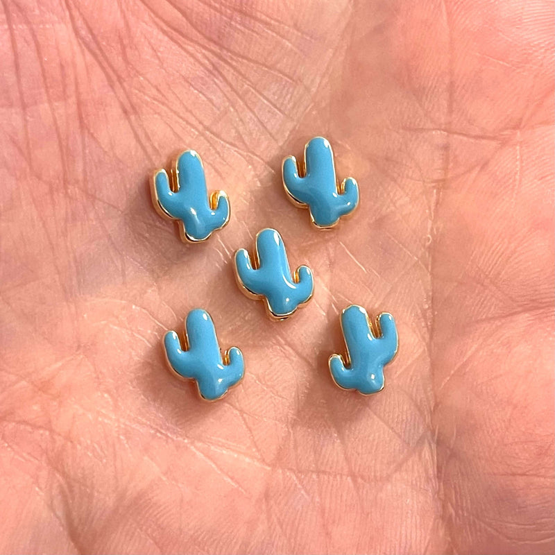 24Kt Gold Plated Sky Blue Enamelled Cactus Spacers, 5 pcs in a pack