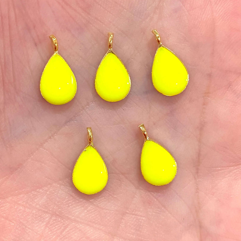 24Kt Gold Plated Neon Yellow Enamelled Drop Charms, 5 pcs in a Pack