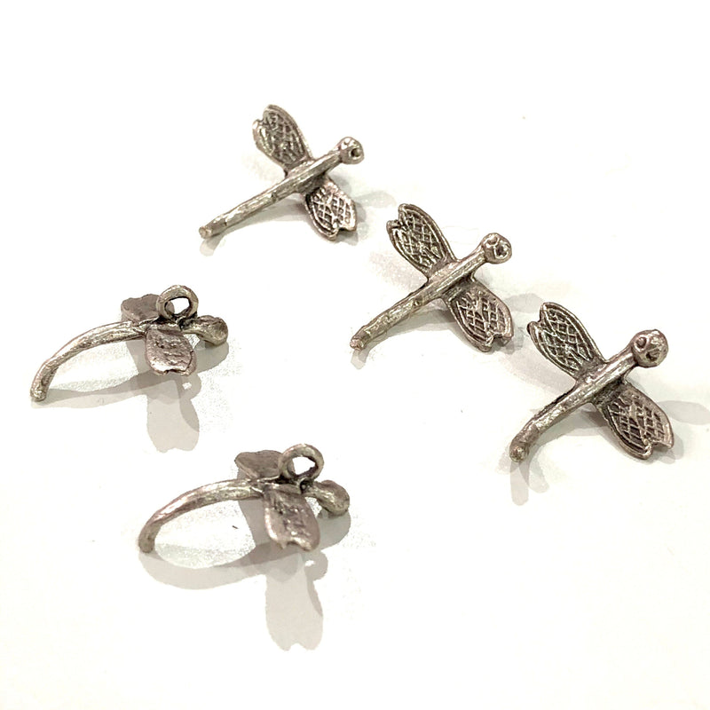 Antique Silver Plated Brass Dragonfly Charms, 5 Pcs in a Pack