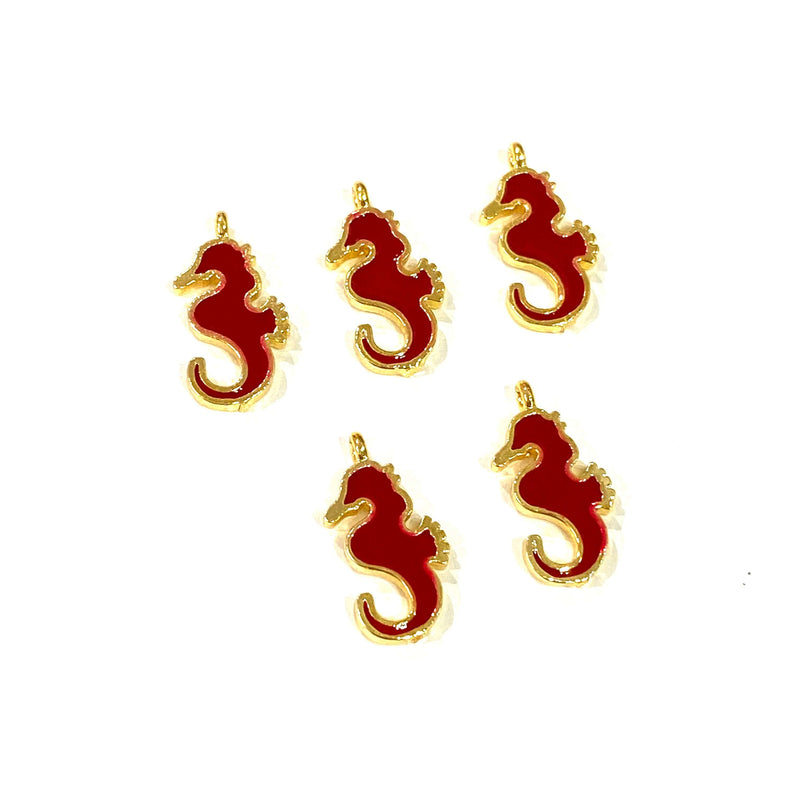 24Kt Gold Plated Red Enamelled Sea Horse Charms, 5 pcs in a Pack