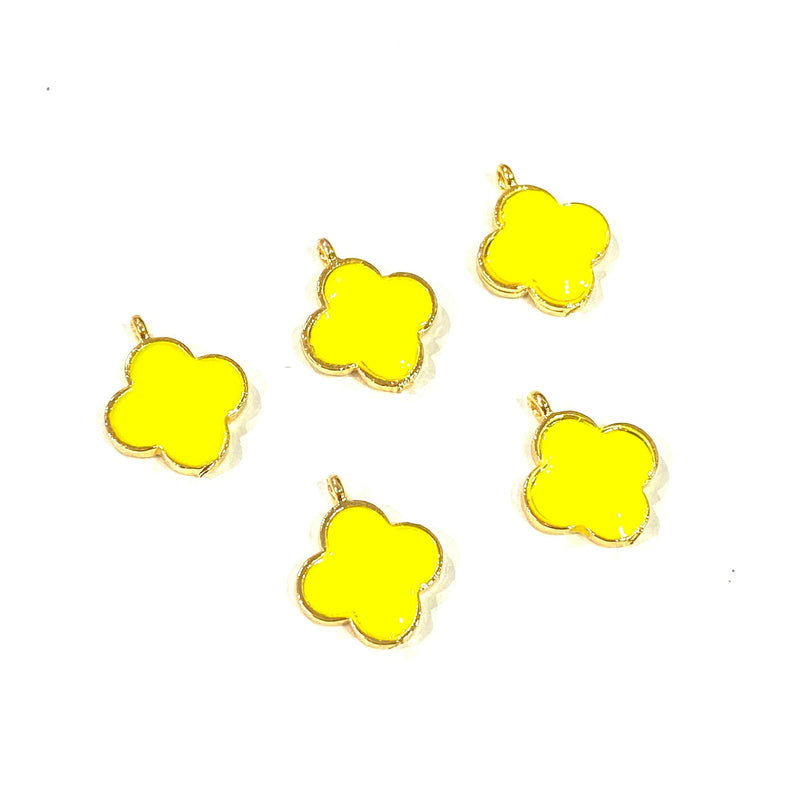 24Kt Gold Plated Neon Yellow Enamelled Clover Charms, 5 pcs in a Pack