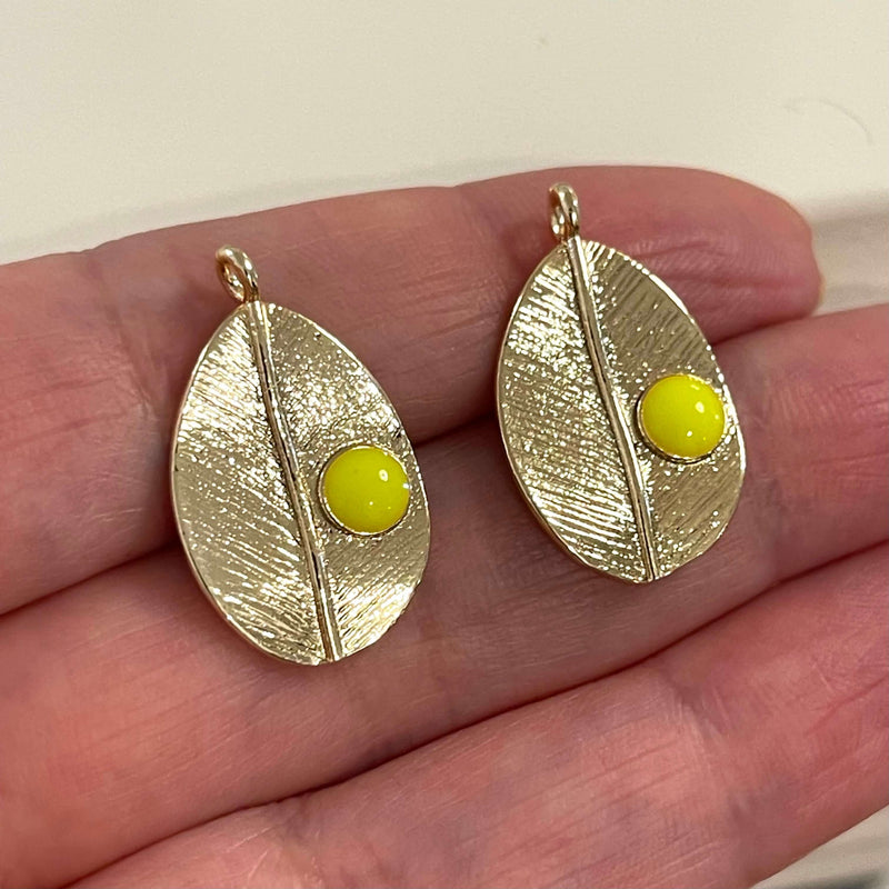 24Kt Gold Plated Brass Leaf Charms, Gold Plated Leaf Neon Yellow Enamelled Charms, 2 pcs in a pack