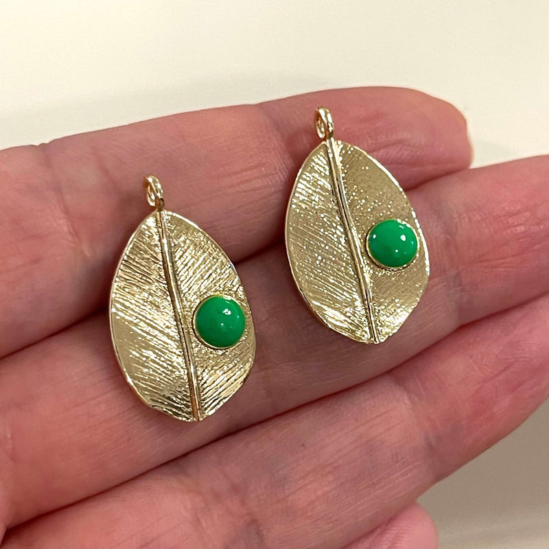 24Kt Gold Plated Brass Leaf Charms, Gold Plated Leaf Neon Green Enamelled Charms, 2 pcs in a pack