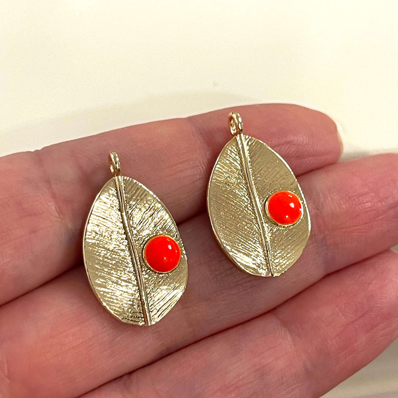 24Kt Gold Plated Brass Leaf Charms, Gold Plated Leaf Neon Orange Enamelled Charms, 2 pcs in a pack