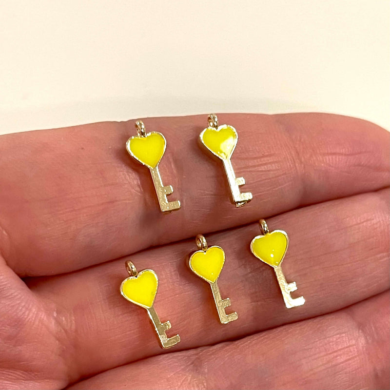 24Kt Gold Plated Neon Yellow Enamelled Key Charms, 5 pcs in a pack