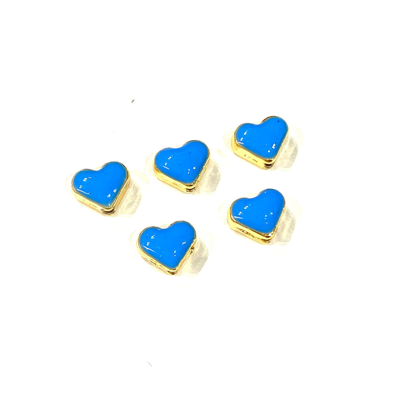 24Kt Shiny Gold Plated Blue Enamelled Heart Spacer Charms, 5 pcs in a pack