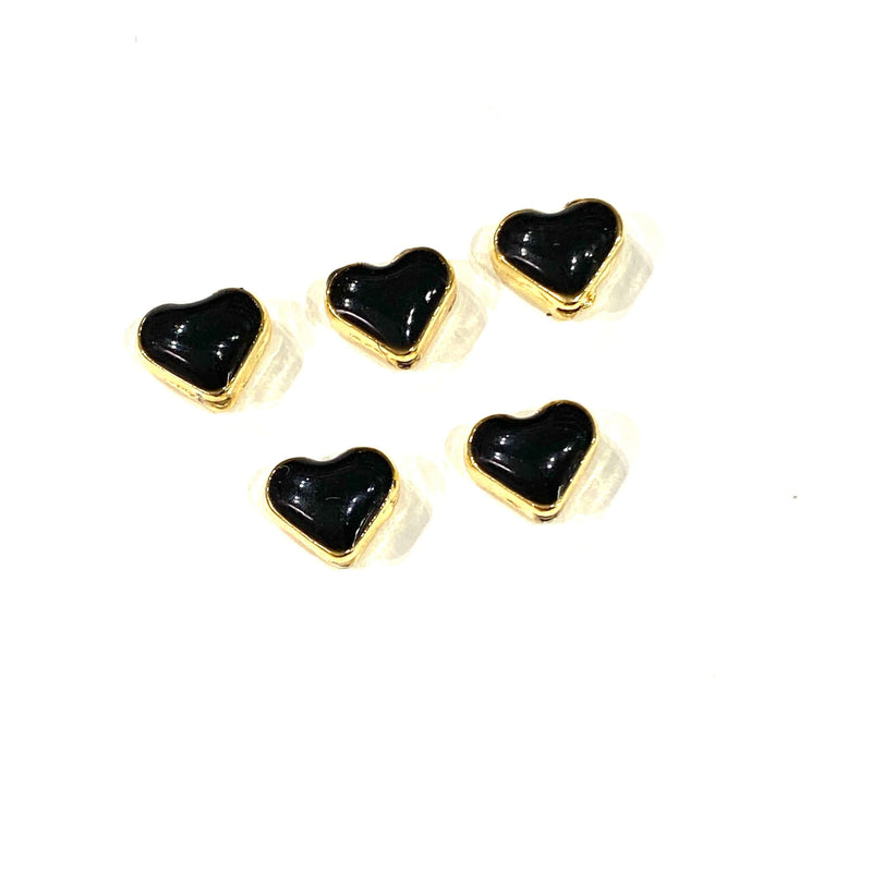 24Kt Shiny Gold Plated Black Enamelled Heart Spacer Charms, 5 pcs in a pack