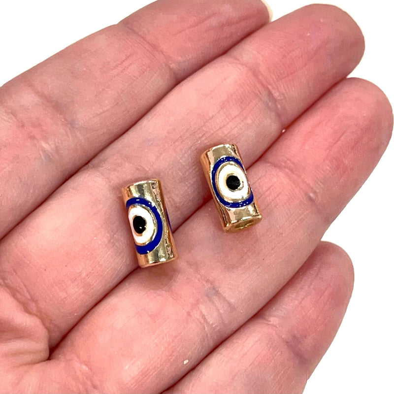 24Kt Gold Plated 12x6mm Evil Eye Navy Enamelled Tube Spacers, 2 pcs in a pack£2.5